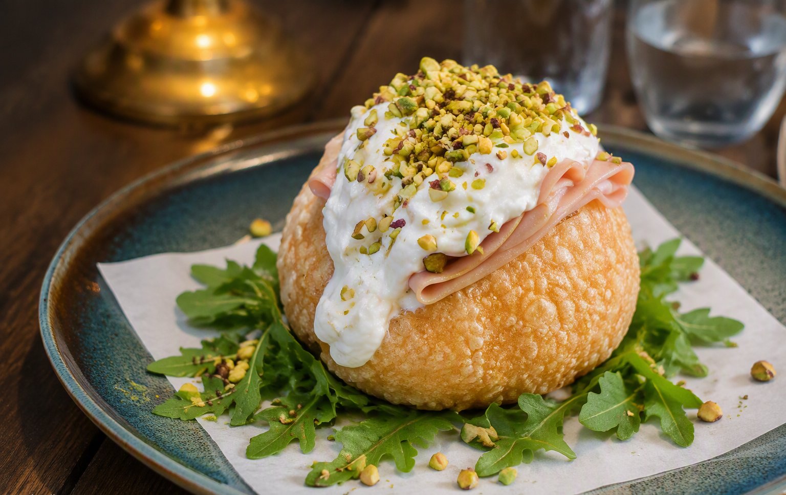 Pane croccante, mortadella e pistacchio